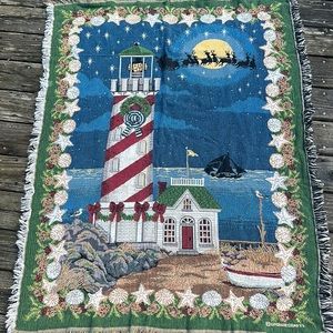Goodwin Weavers Nautical Christmas Tapestry Throw Blanket Santa Lighthouse Coast